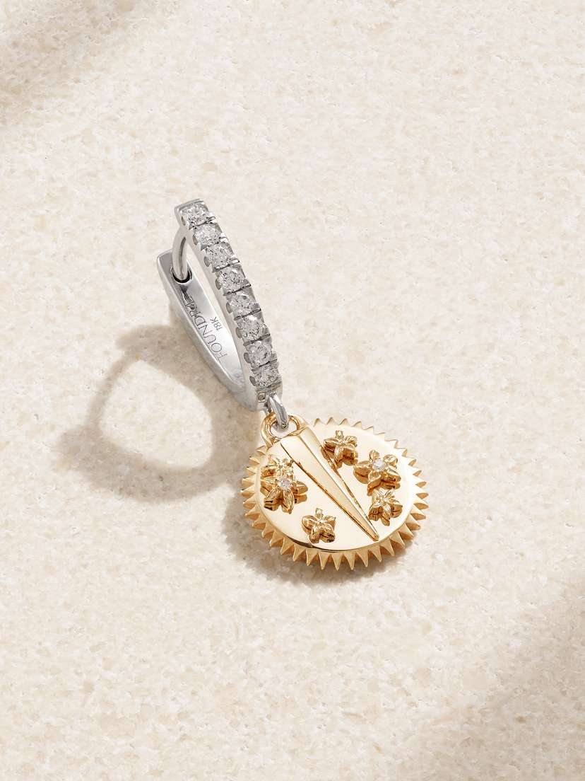 Foundrae Resilience Mini Medallion 18-karat Gold White And Yellow Gold Diamond Single Hoop Earring
