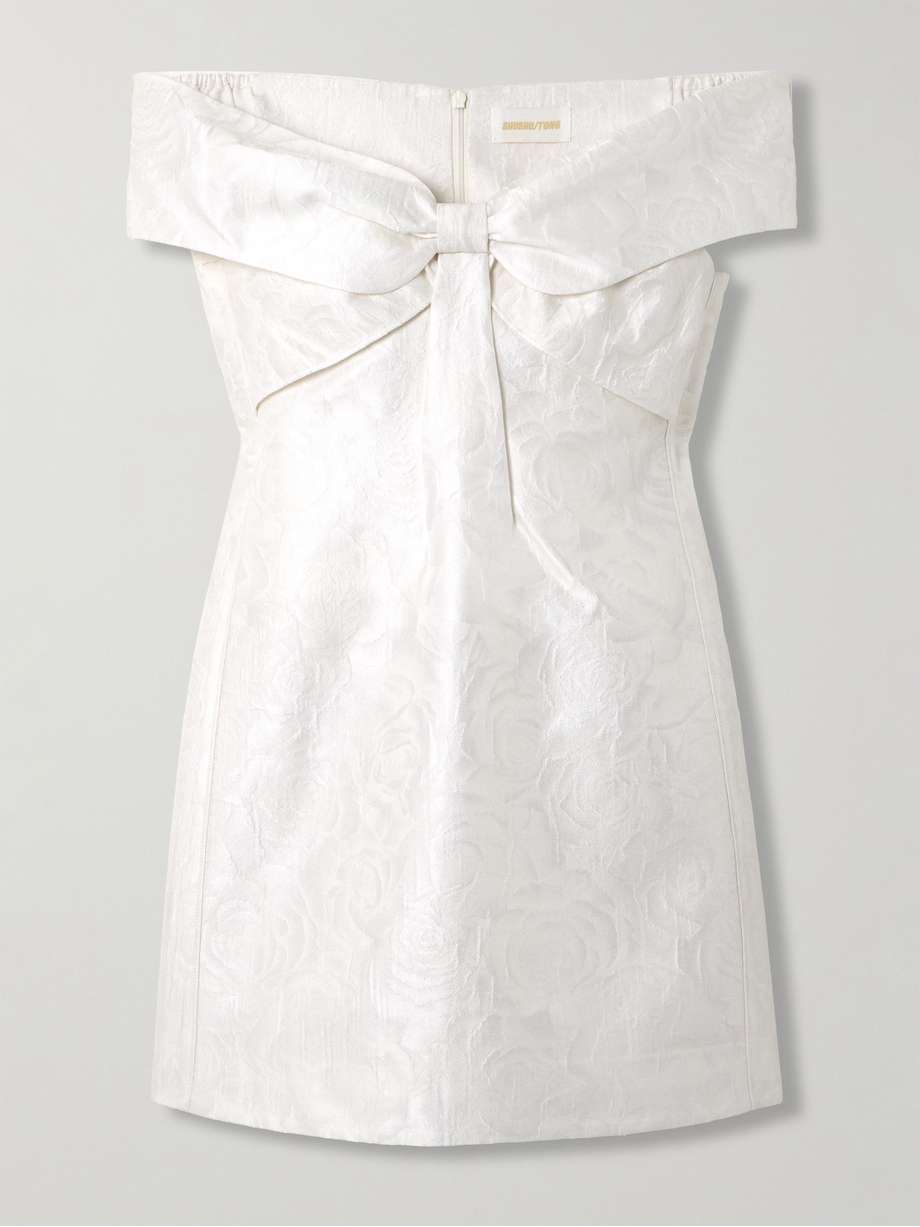 cold-shoulder bow-embellished jacquard mini dress
