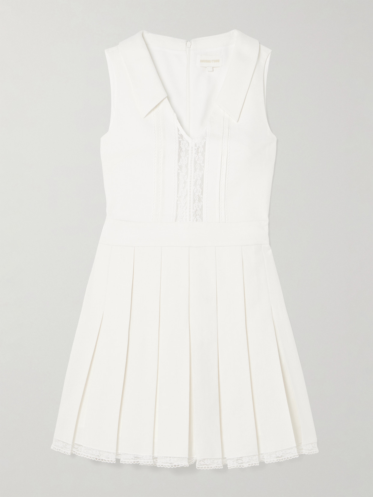 Shushu-tong Lace-trimmed Pleated Wool And Linen-blend Mini Dress In White
