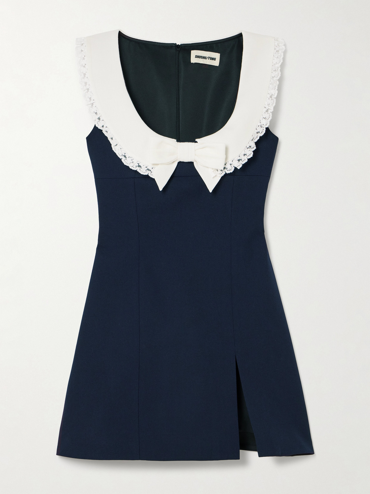 Shushu-tong Lace-trimmed Bow-detailed Wool And Silk-blend Twill Mini Dress In Blue