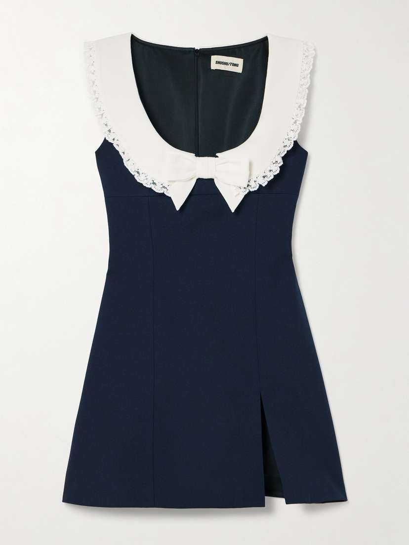 SHUSHU/TONG Lace-trimmed Bow-detailed Wool And Silk-blend Twill Mini Dress