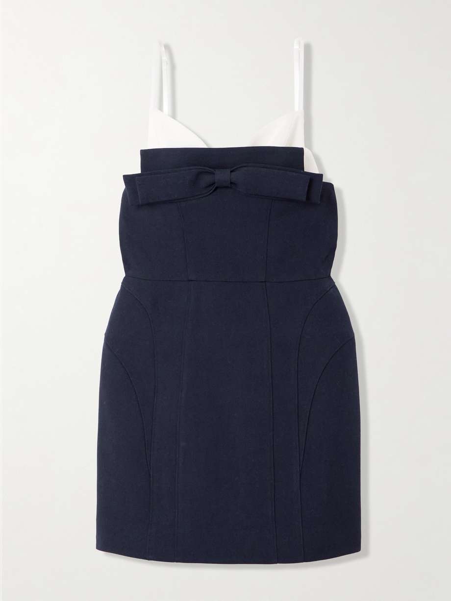 bow-embellished paneled wool and silk-blend twill mini dress
