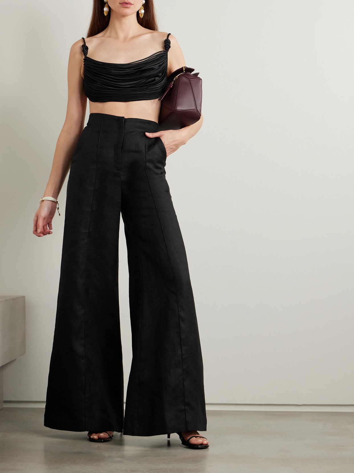 Andres Otalora Pleated Linen Wide-leg Cargo Pants In Black