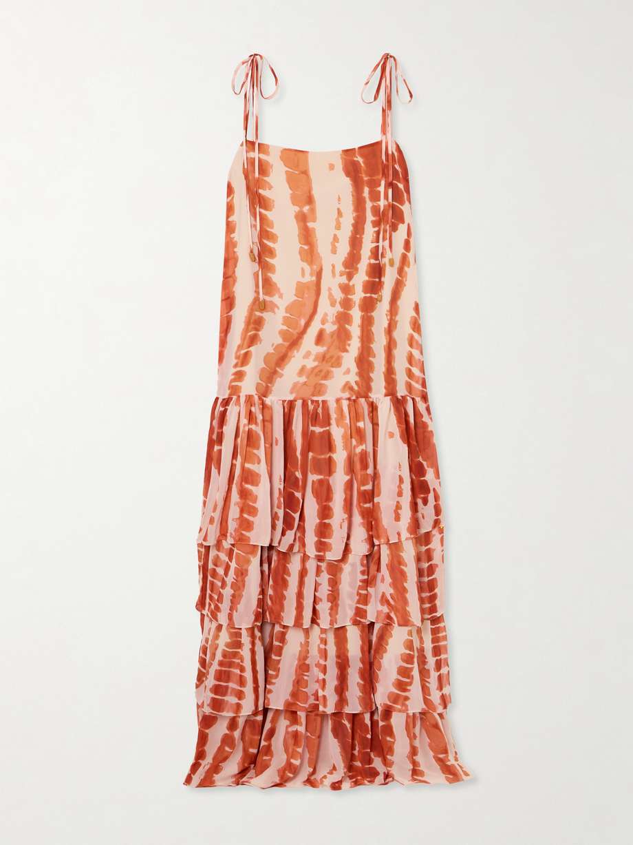 tha embellished tiered printed recycled-chiffon maxi dress