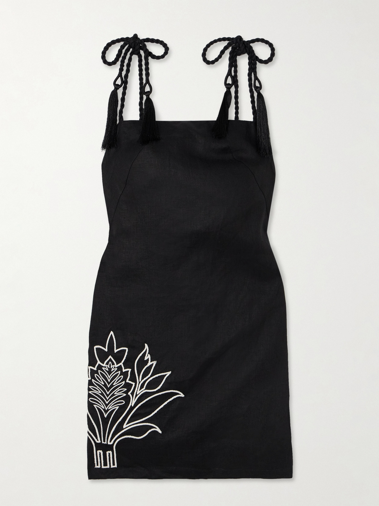 Andres Otalora Haath Tasseled Embroidered Linen Mini Dress In Black