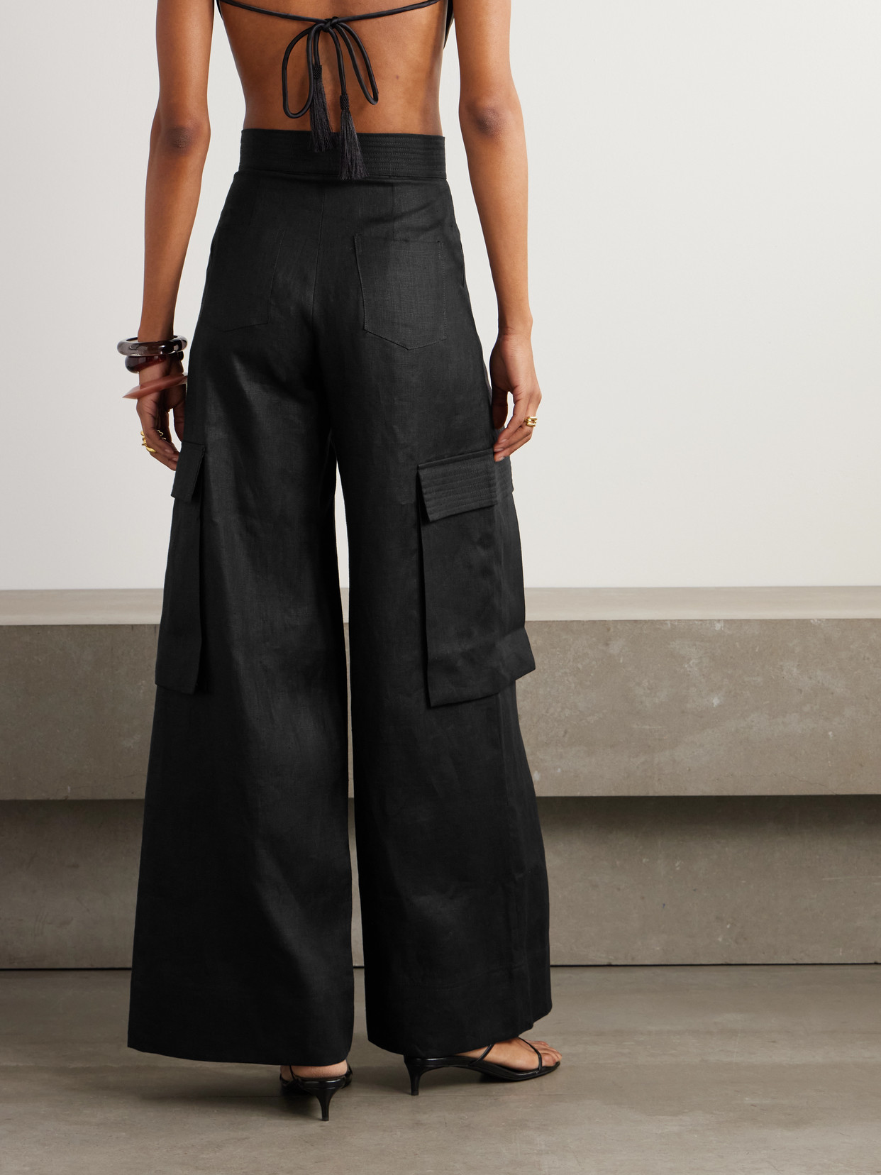 Andres Otalora Pleated Linen Wide-leg Cargo Pants In Black