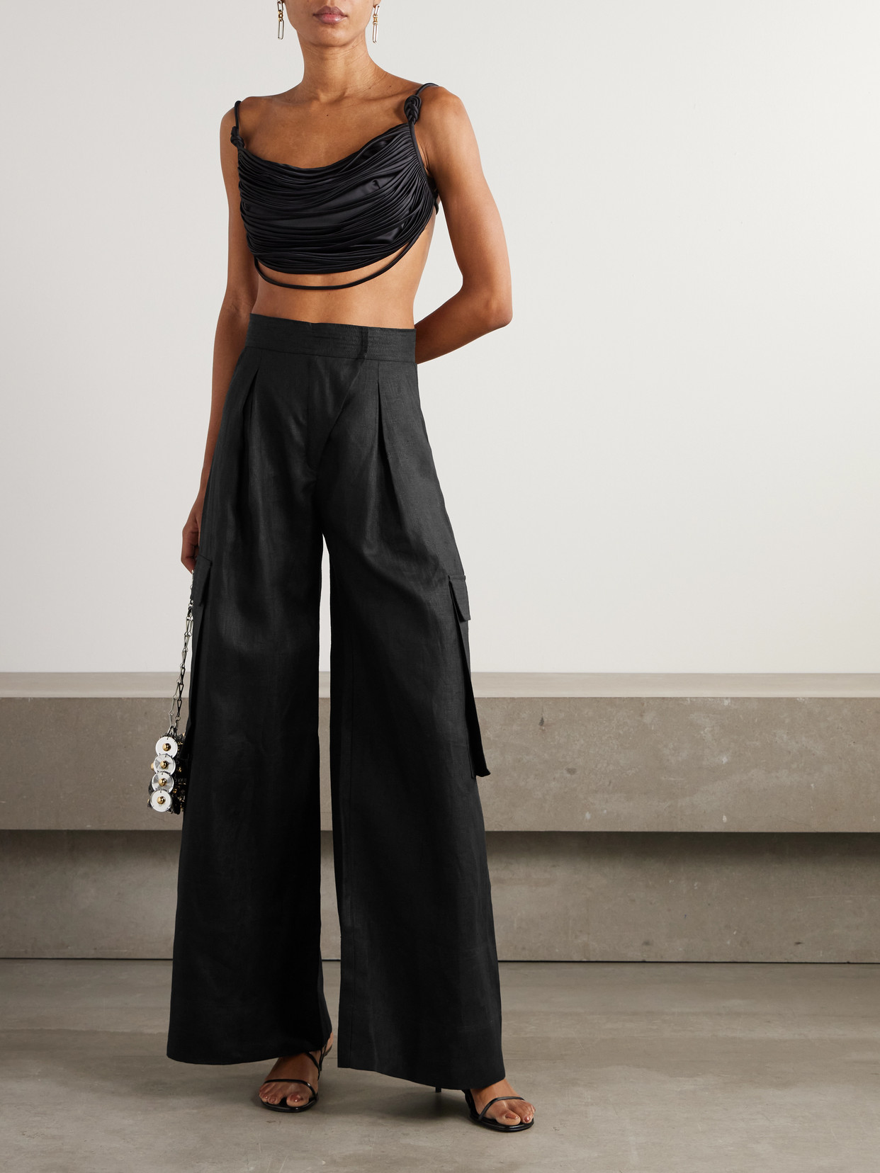 Andres Otalora Pleated Linen Wide-leg Cargo Pants In Black
