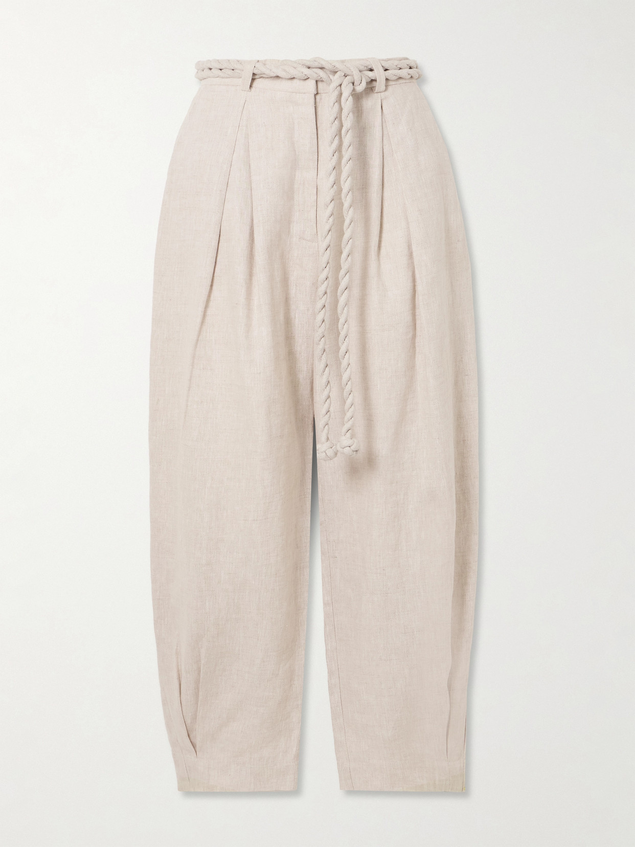 Andres Otalora Una Vida Belted Pleated Linen Tapered Pants In Off-white