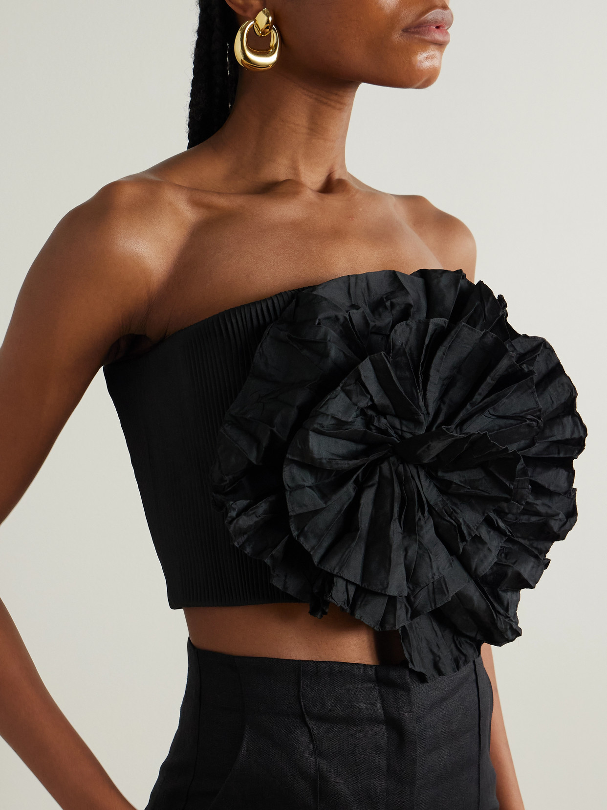 Andres Otalora No Me Olvides Appliquéd Pleated Taffeta Top In Black