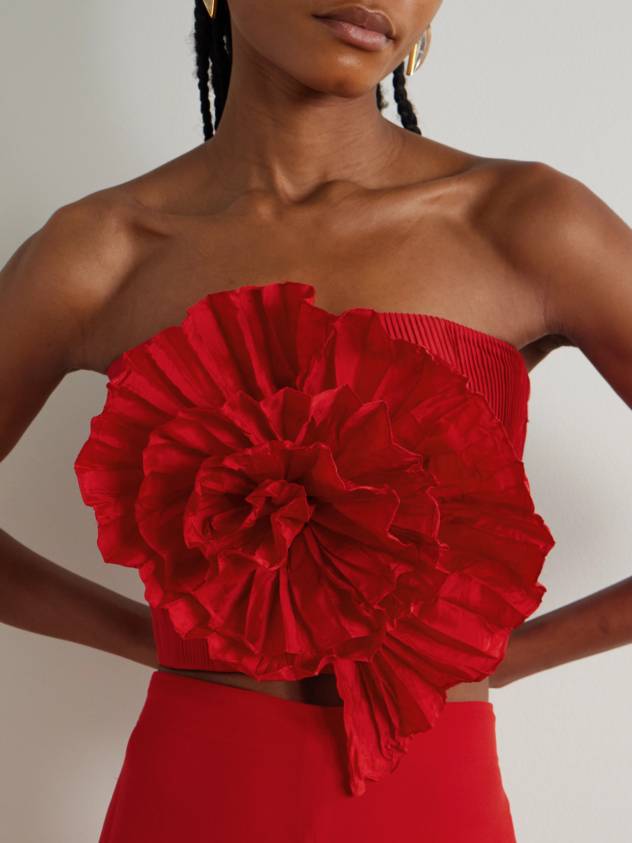 Andres Otalora No Me Olvides Appliquéd Pleated Taffeta Top In Red