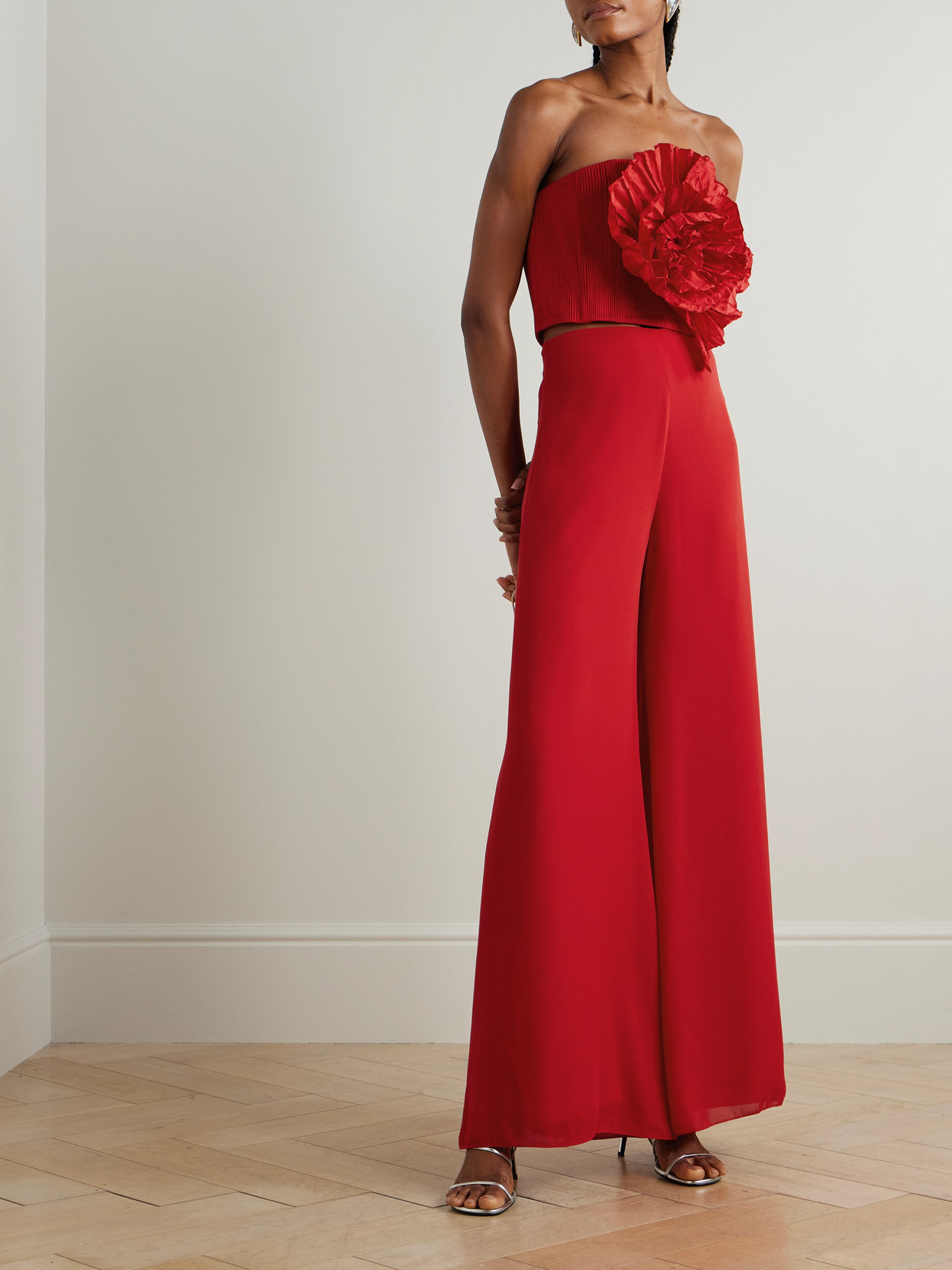 Andres Otalora No Me Olvides Appliquéd Pleated Taffeta Top In Red