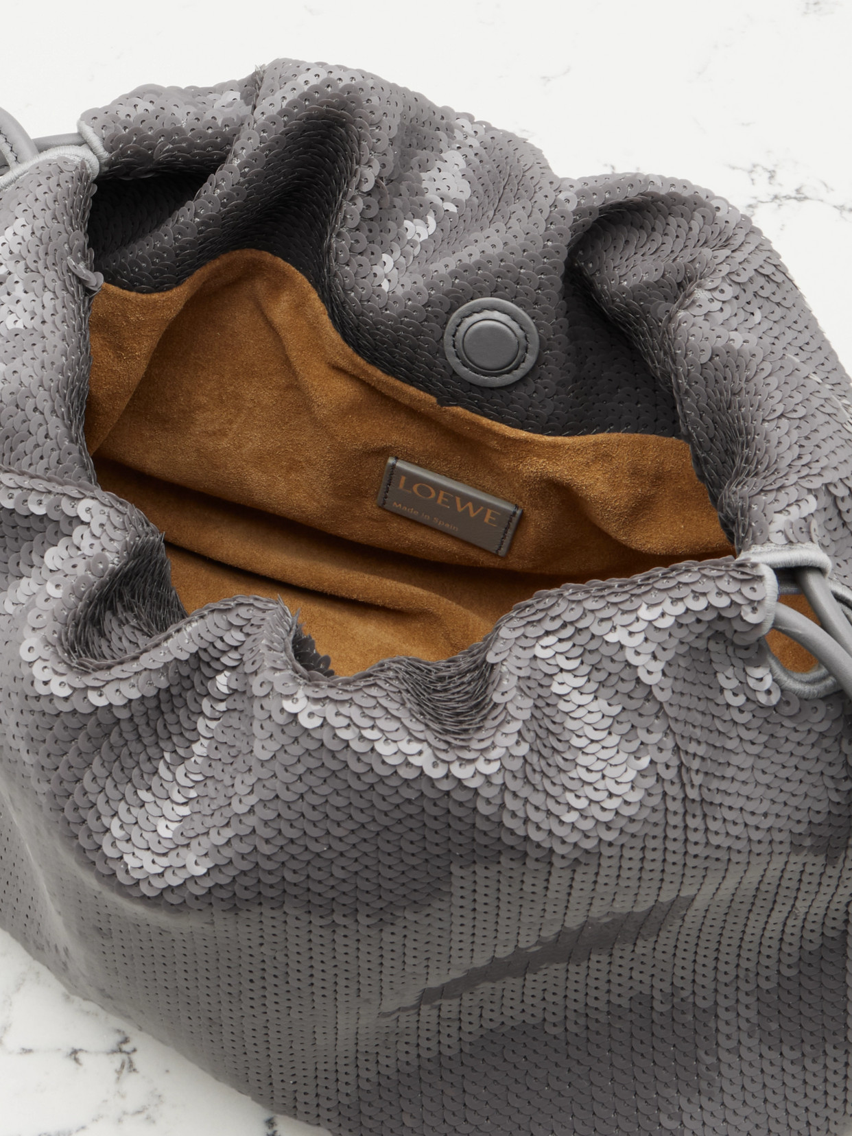 Shop Loewe Flamenco Sequined Leather Clutch In Gray