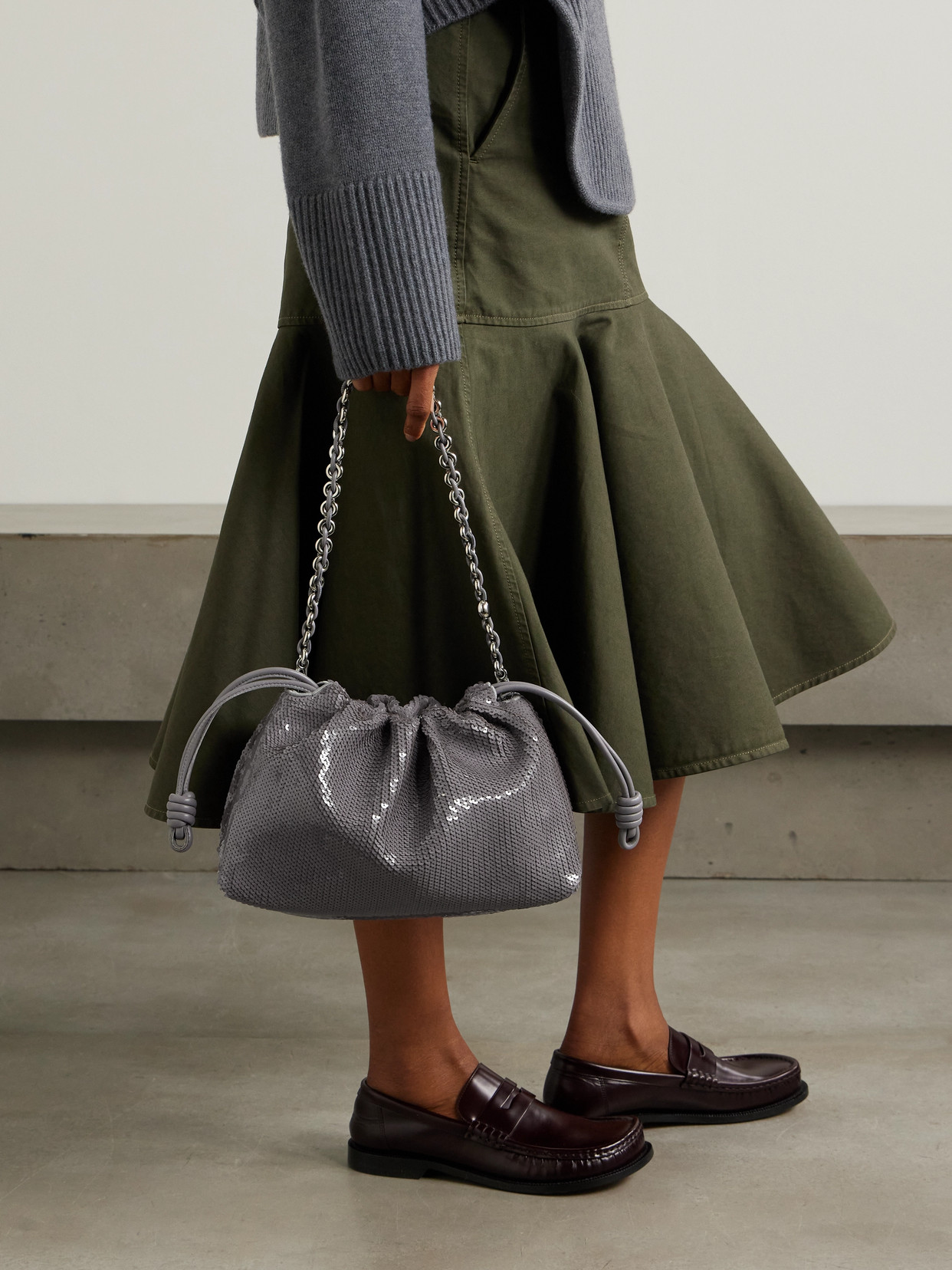 Shop Loewe Flamenco Sequined Leather Clutch In Gray