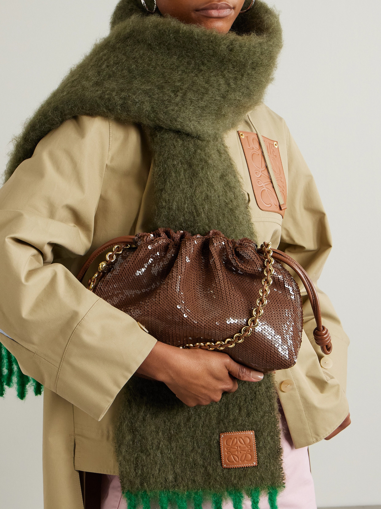 Shop Loewe Flamenco Sequined Leather Clutch In Brown