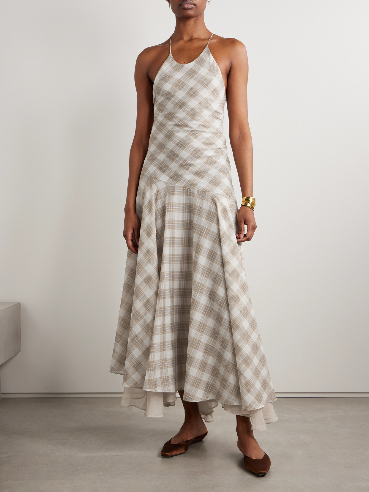 Kallmeyer Eve Asymmetric Layered Checked Voile Maxi Dress In Brown