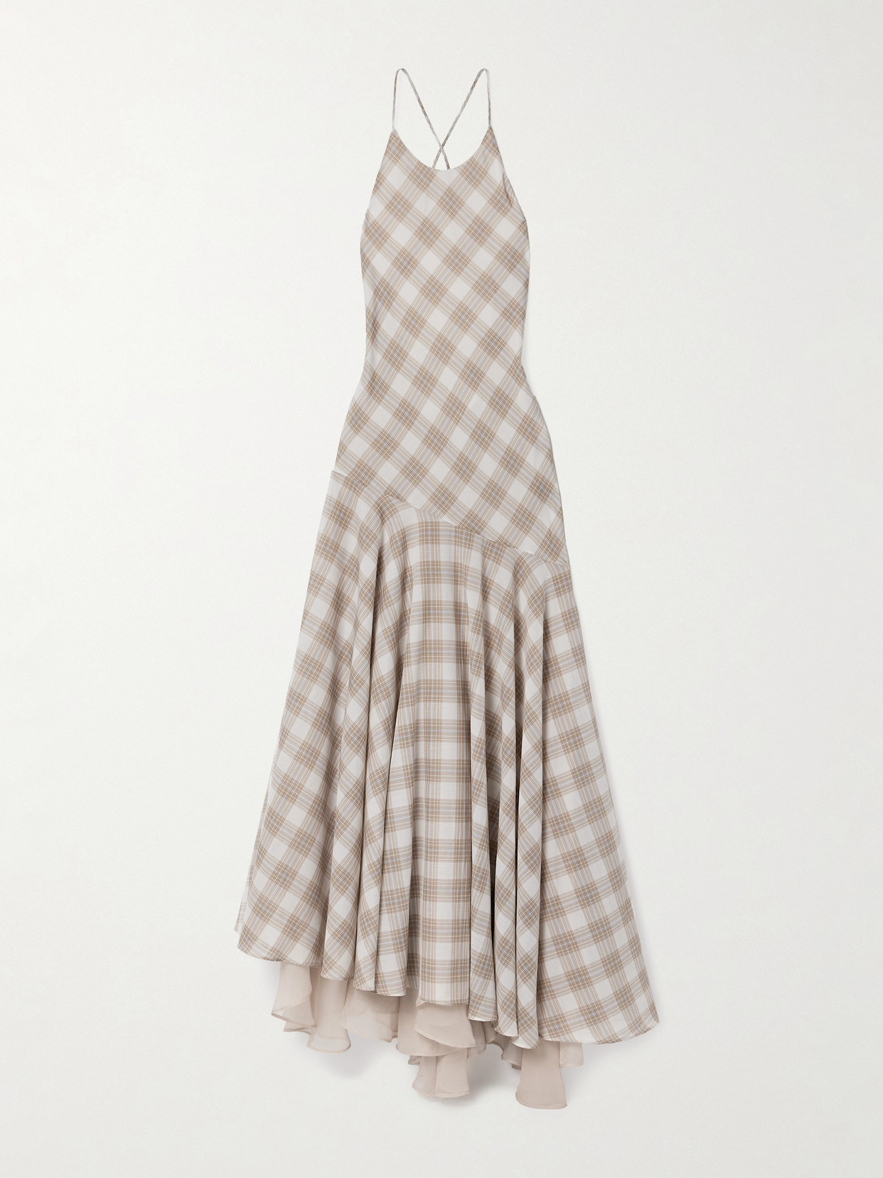 Kallmeyer Eve Asymmetric Layered Checked Voile Maxi Dress In Brown