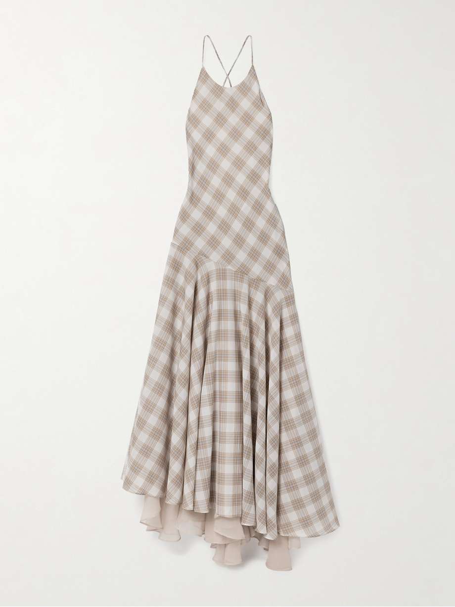 eve asymmetric layered checked voile maxi dress