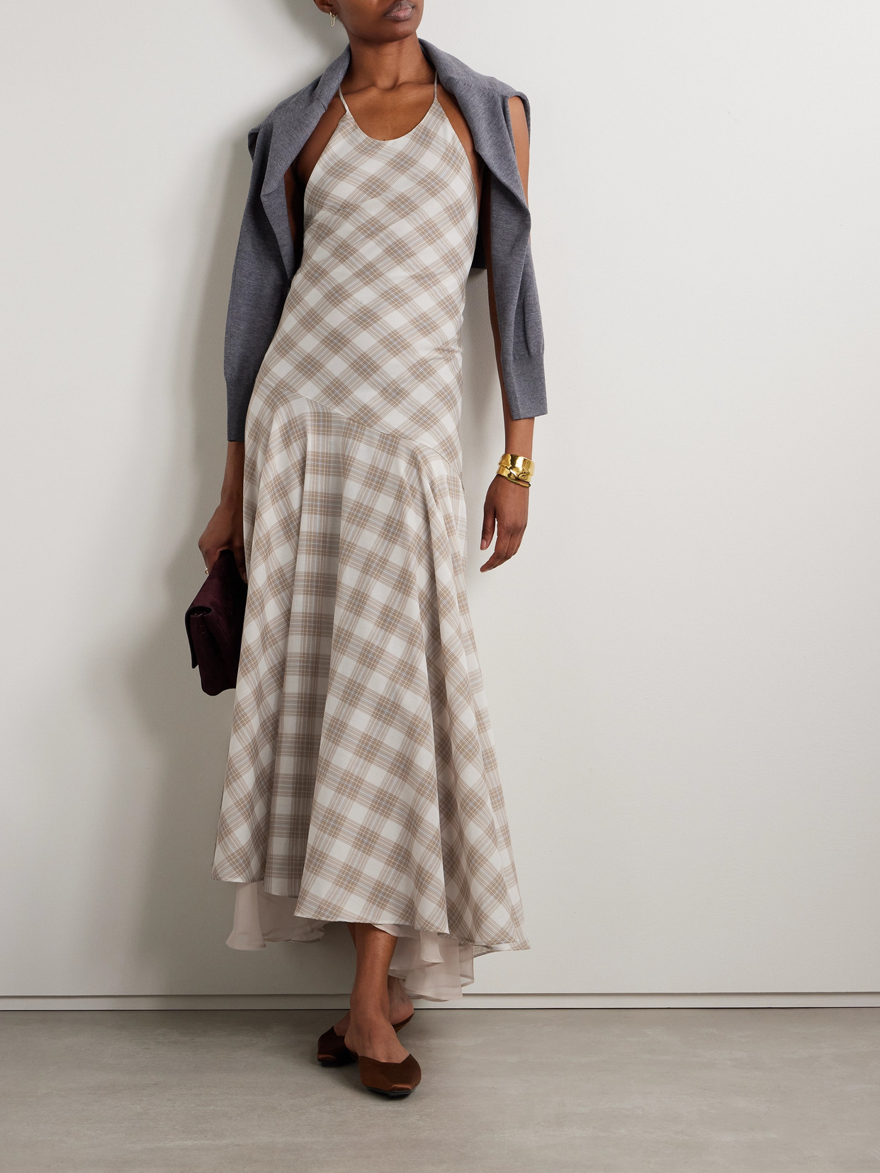 Kallmeyer Eve Asymmetric Layered Checked Voile Maxi Dress In Brown