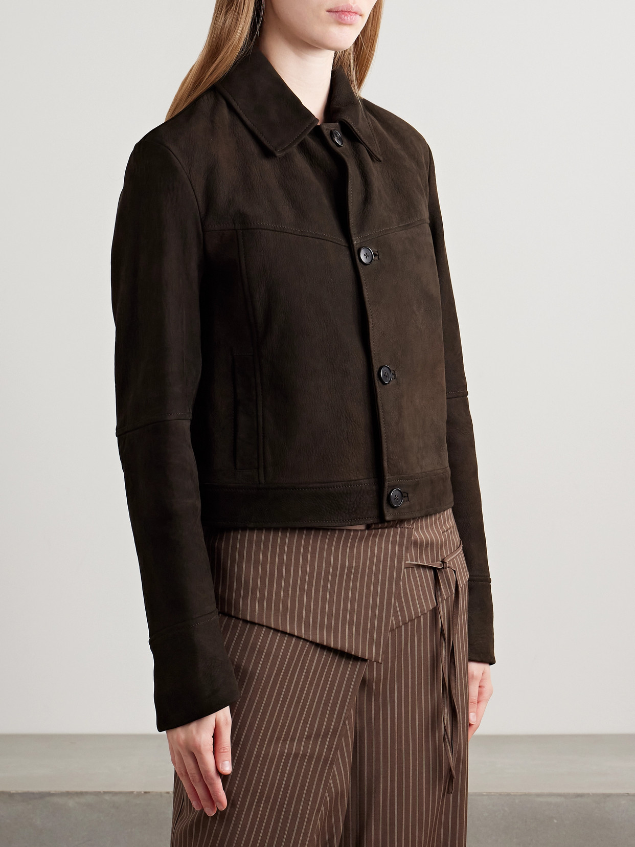 Kallmeyer Avery Cropped Textured-suede Jacket In Brown