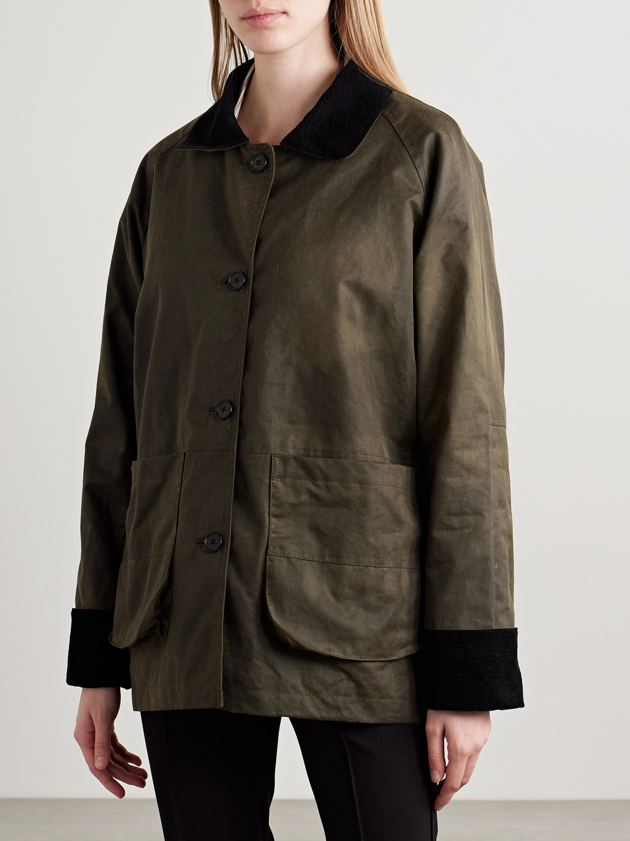 Kallmeyer Lottie Corduroy-trimmed Waxed-cotton Jacket In Green
