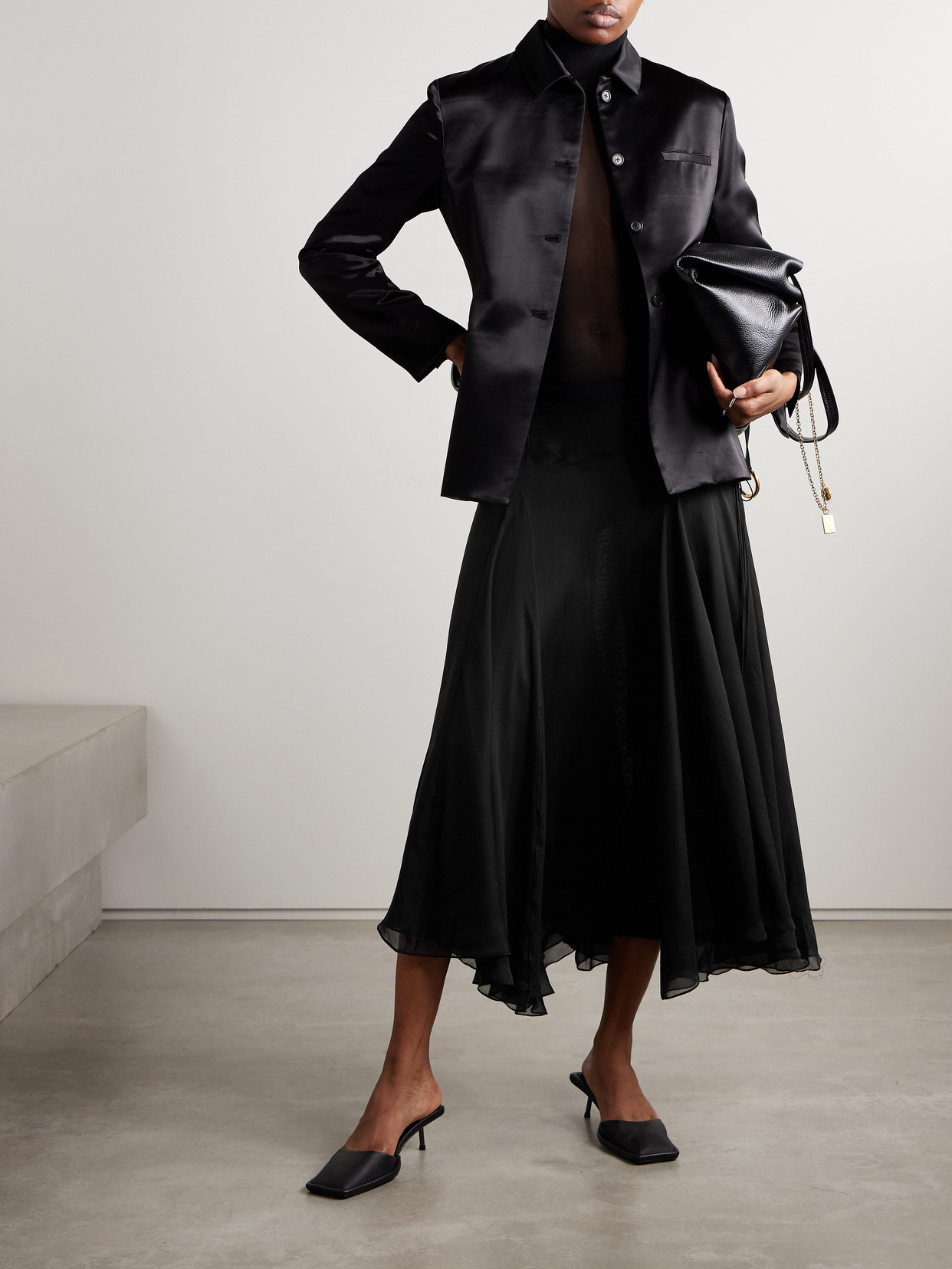 Kallmeyer Alyse Asymmetric Pleated Silk-chiffon Skirt In Black