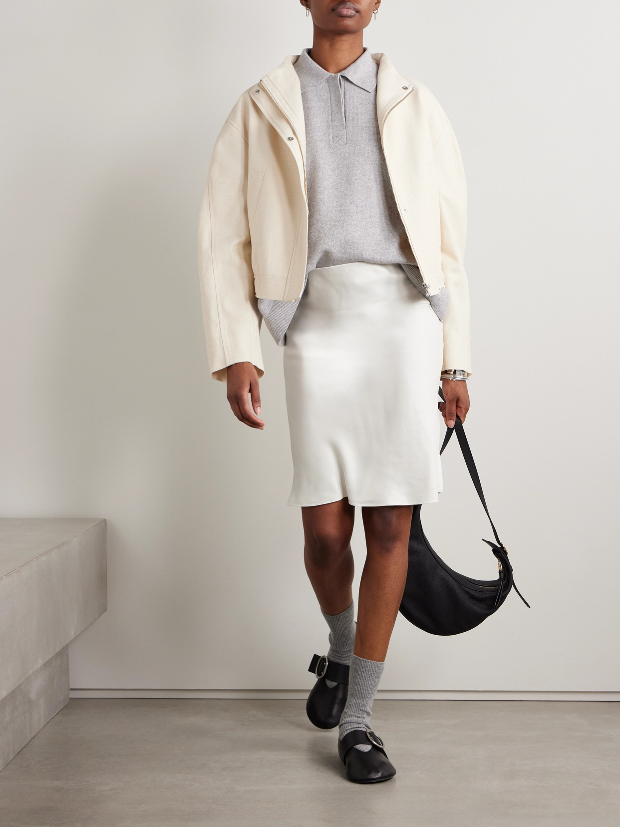 Kallmeyer Nola Silk Chiffon-trimmed Satin Midi Skirt In Cream