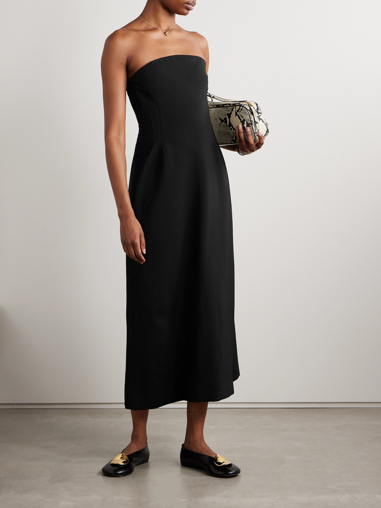 Kallmeyer Blaise Strapless Crepe Midi Dress In Black
