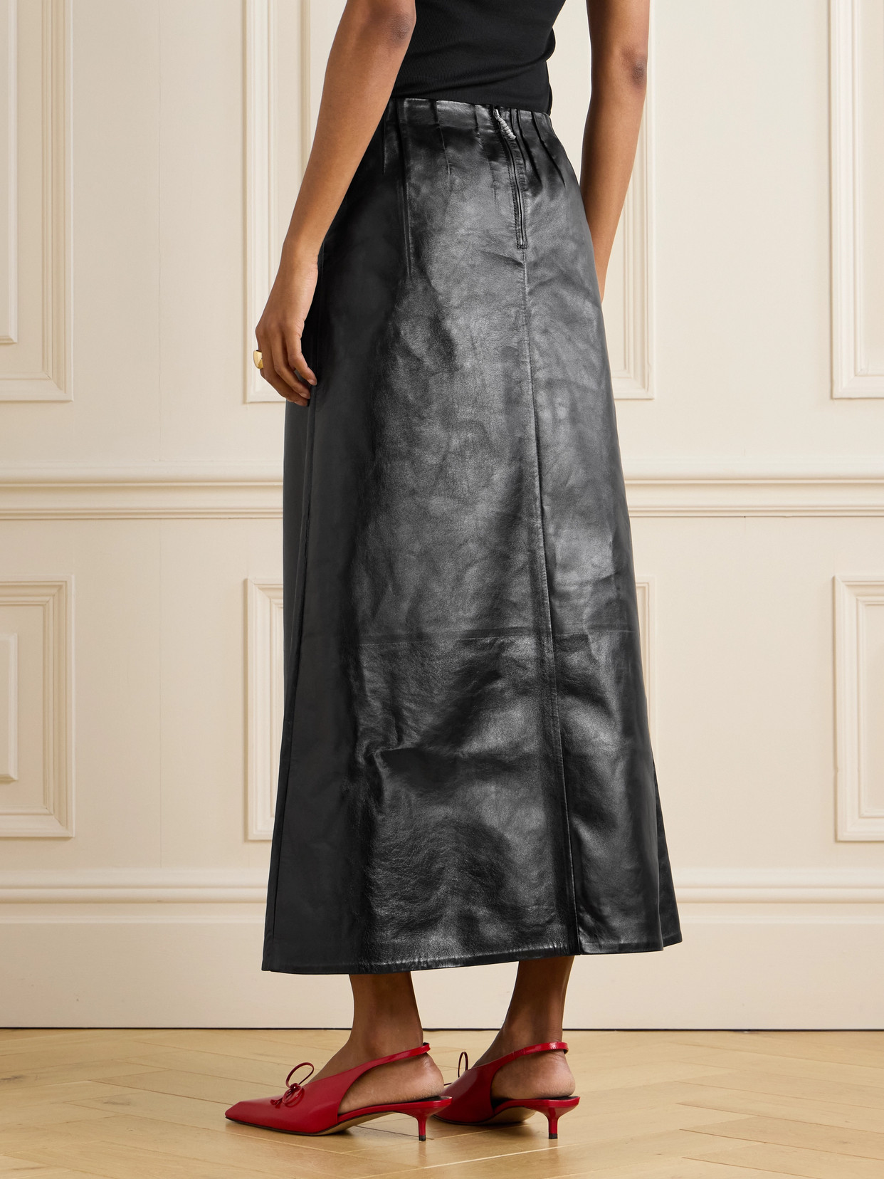 Paneled Crinkled-Leather Midi