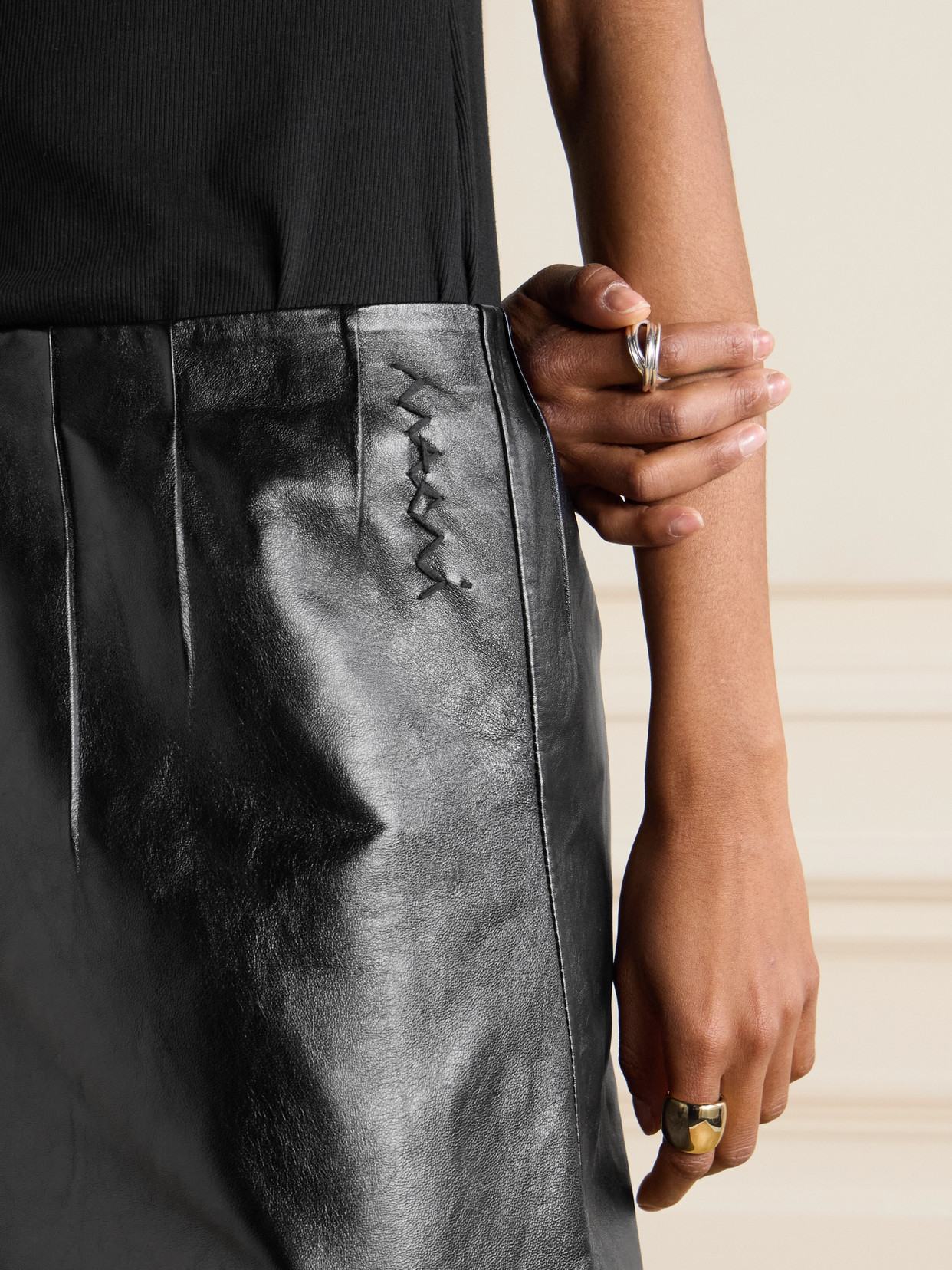 Paneled Crinkled-Leather Midi