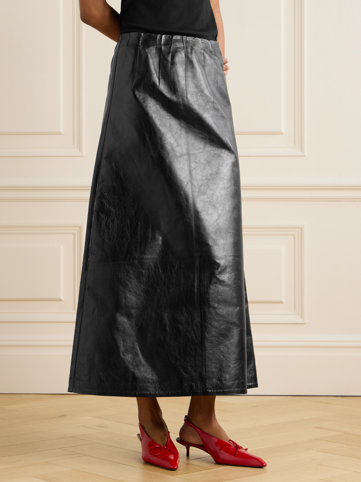 Paneled Crinkled-Leather Midi