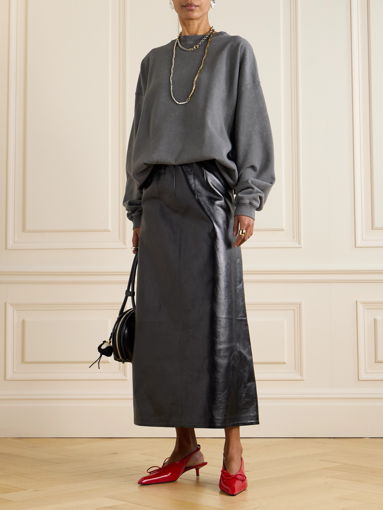 Paneled Crinkled-Leather Midi