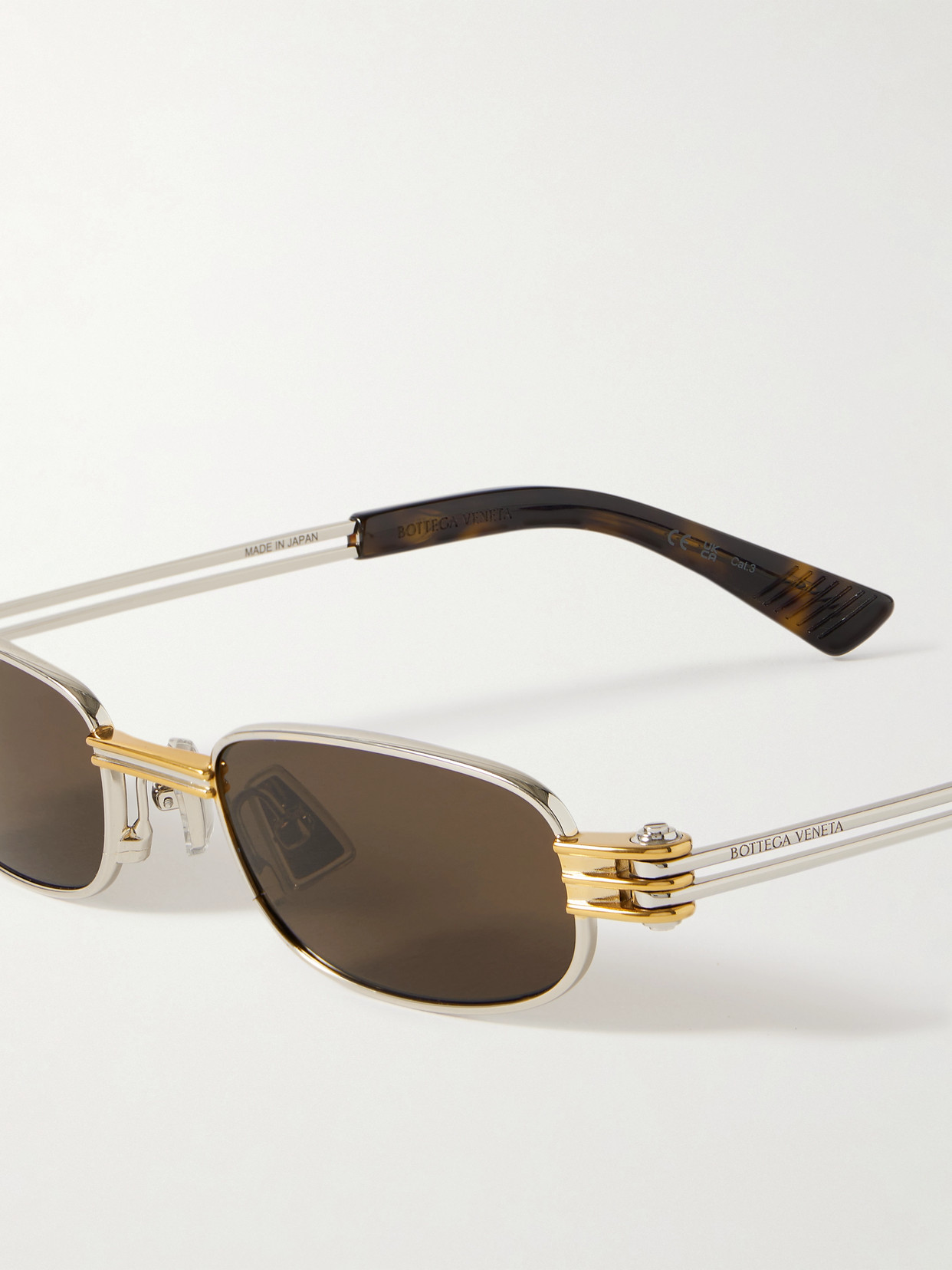 BOTTEGA VENETA RECTANGLE-FRAME SILVER- AND GOLD-TONE SUNGLASSES