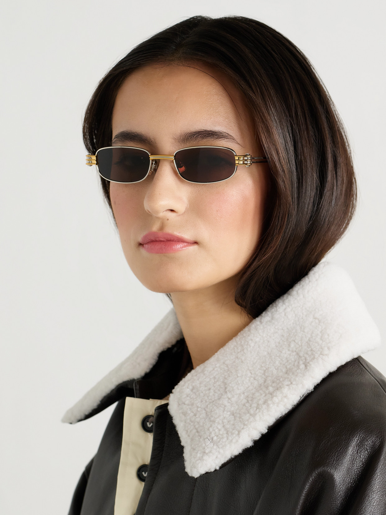 BOTTEGA VENETA RECTANGLE-FRAME SILVER- AND GOLD-TONE SUNGLASSES