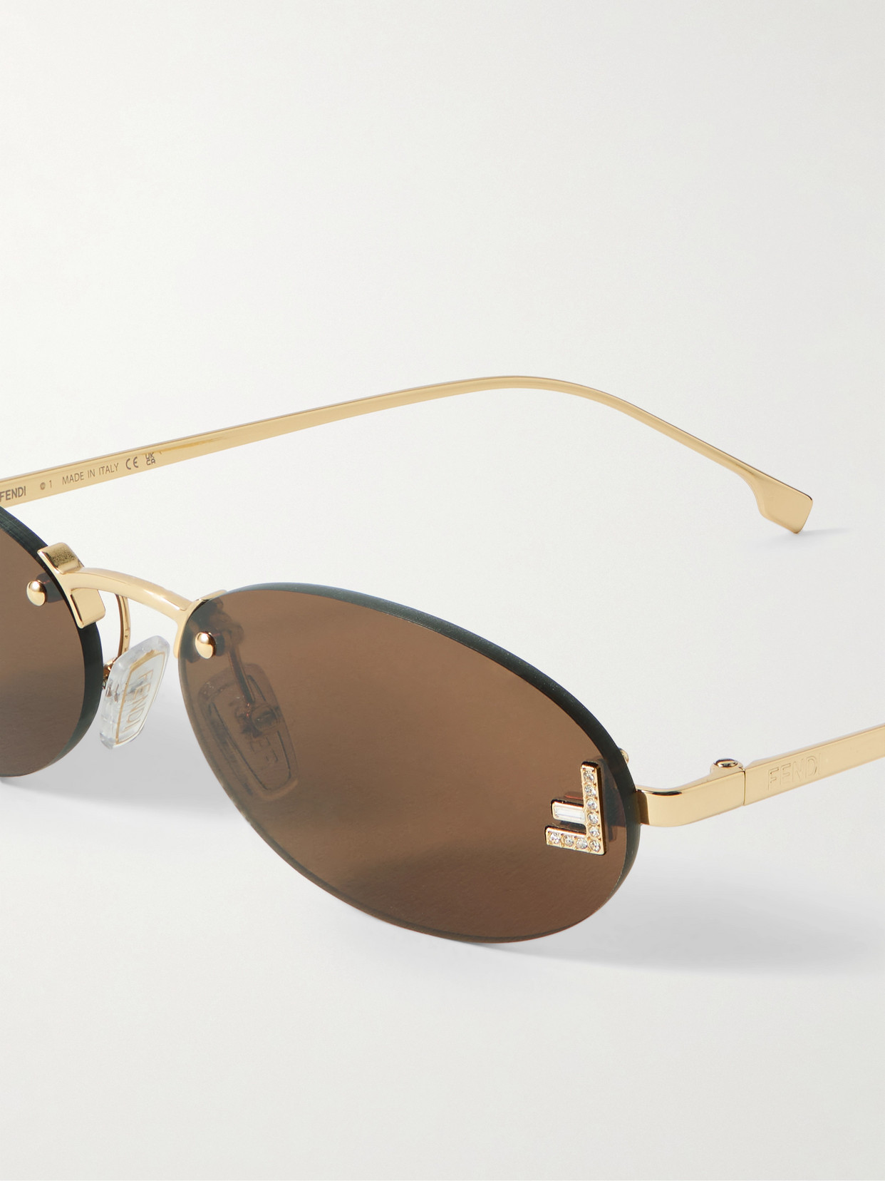 Fendi Oval-frame Crystal-embellished Gold-tone Sunglasses In Gold