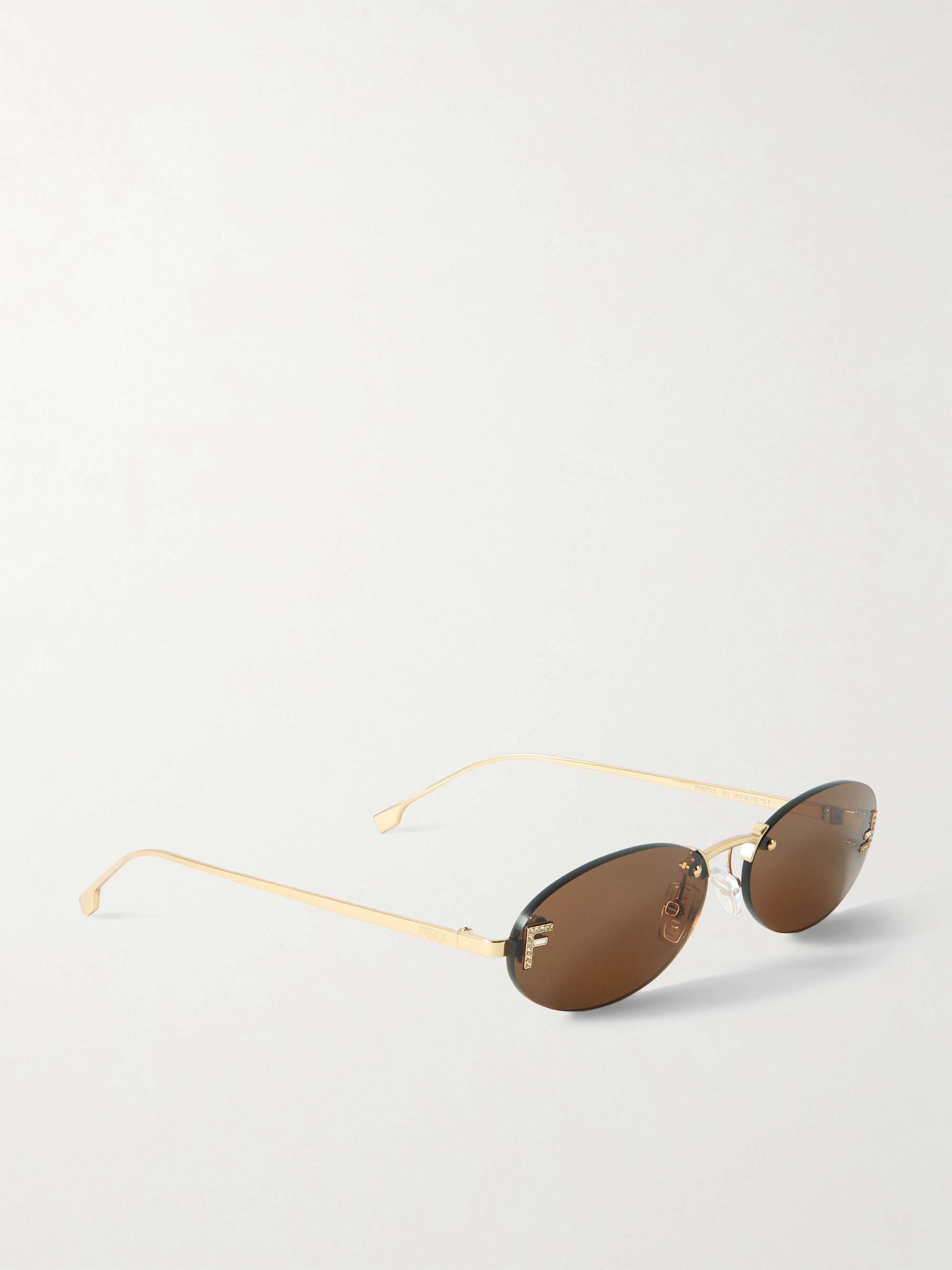 FENDI EYEWEAR Oval-frame crystal-embellished silver-tone sunglasses