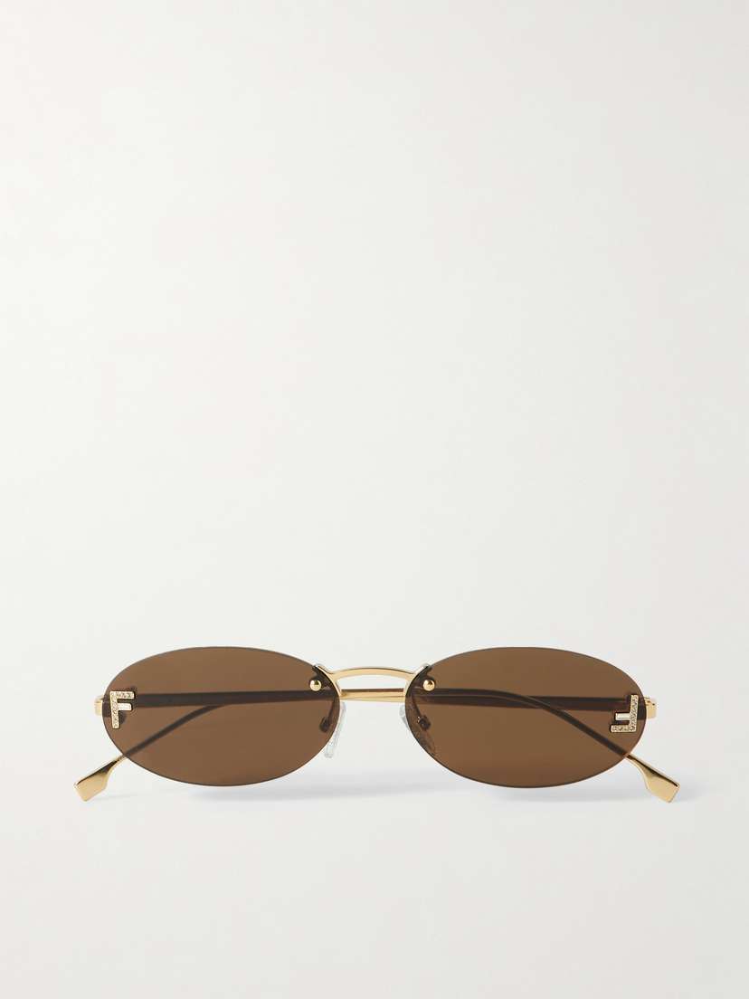 FENDI EYEWEAR Oval-frame Crystal-embellished Gold-tone Sunglasses