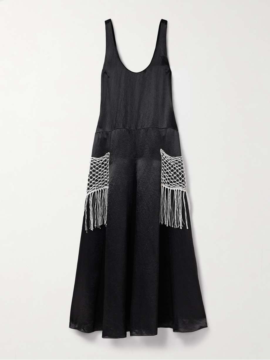macramé-trimmed satin-twill maxi dress