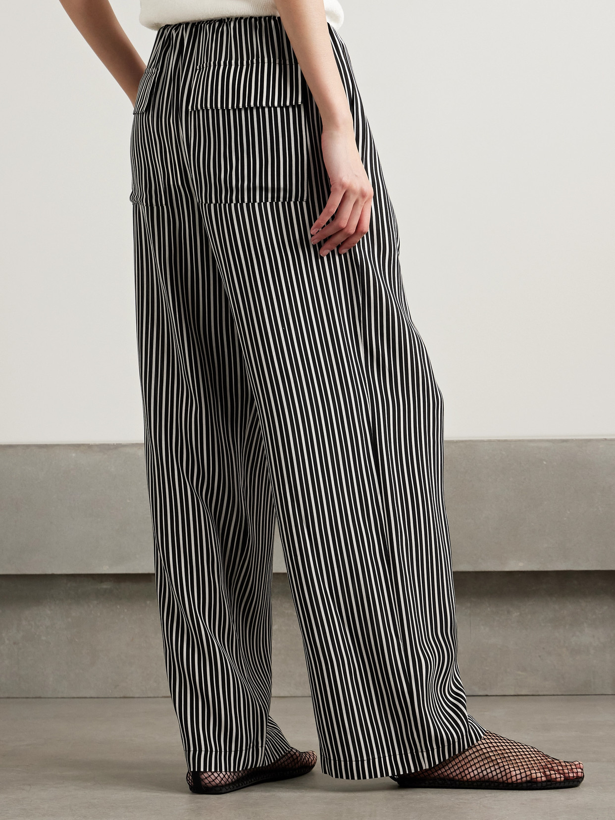 Maria Mcmanus Pleated Striped Recycled-crepe De Chine Straight-leg Pants In Black