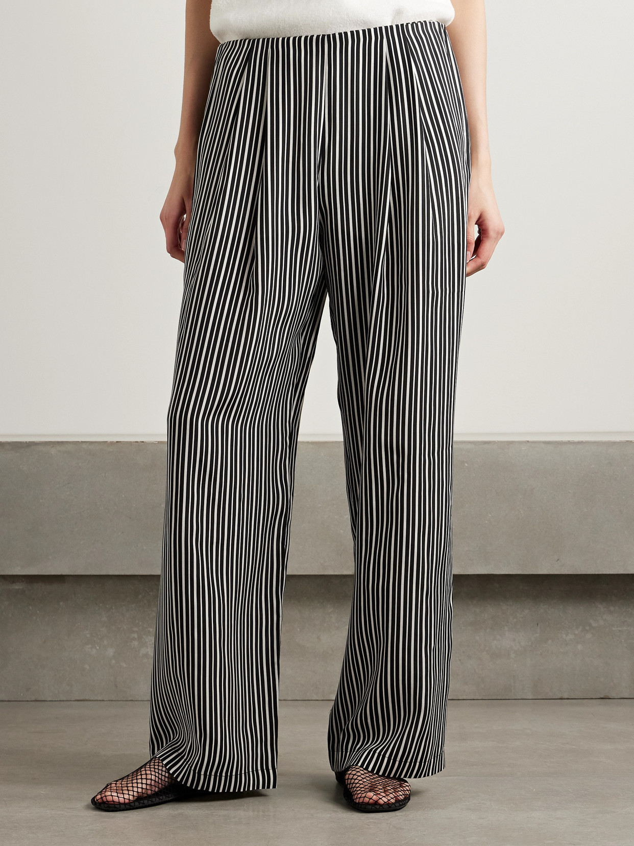 Maria Mcmanus Pleated Striped Recycled-crepe De Chine Straight-leg Pants In Black