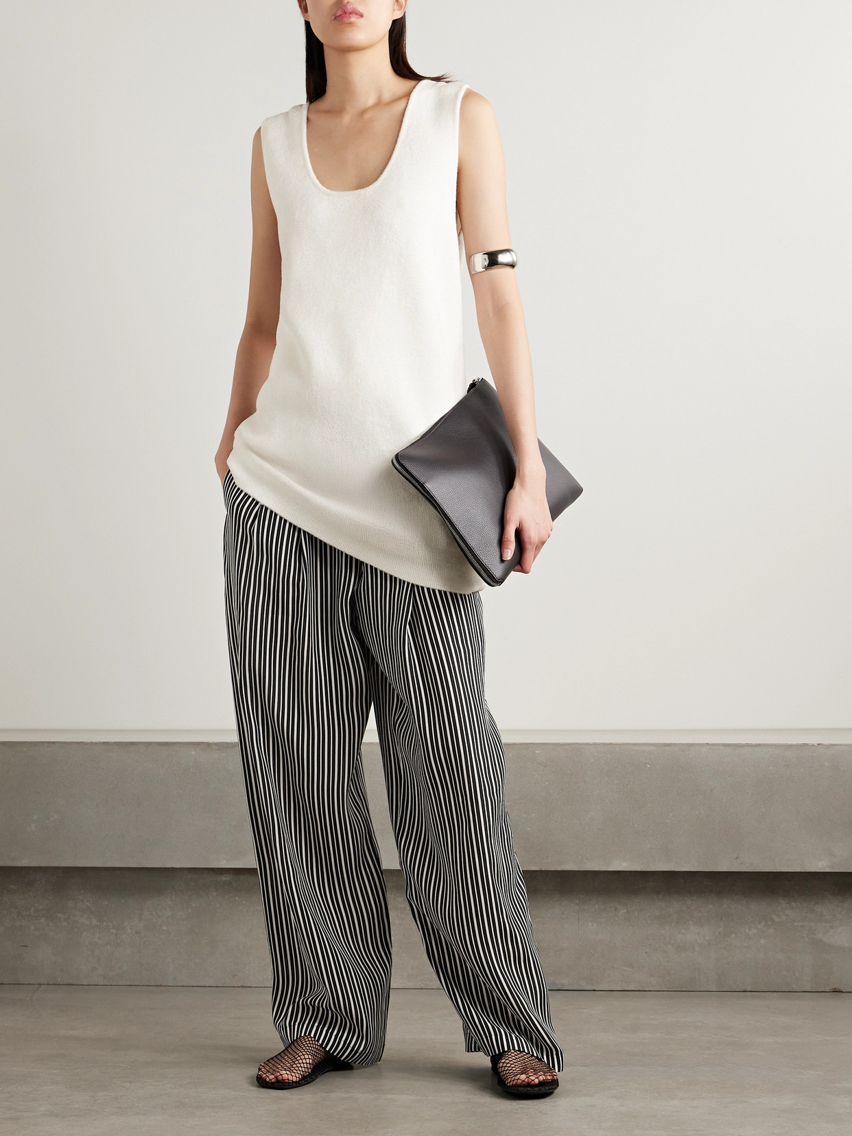 Maria Mcmanus Pleated Striped Recycled-crepe De Chine Straight-leg Pants In Black