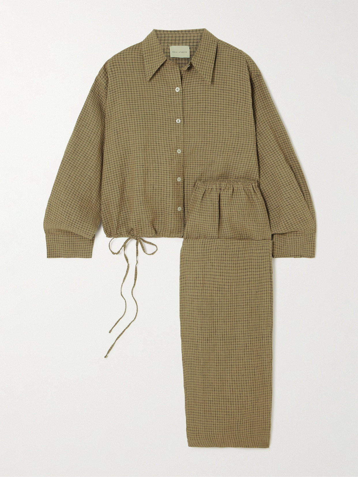 Deiji Studios Tie-detailed Checked Linen Pyjama Set In Brown