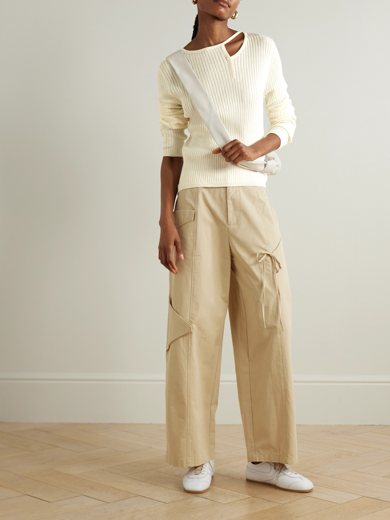 Deiji Studios Asymmetric Cutout Ribbed Cotton And Cashmere-blend Sweater In Cream