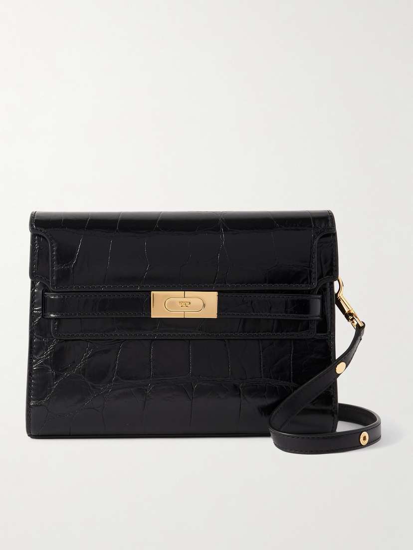 Tory Burch Lee Radziwill Suede-trimmed Croc-effect Patent-leather Shoulder Bag