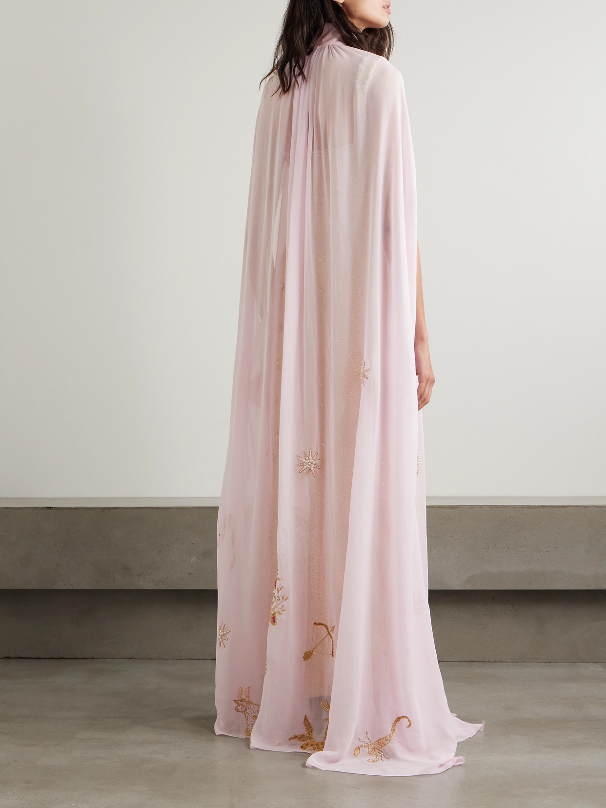 Clio Peppiatt Nova Satin-trimmed Embellished Georgette Cape In Pink