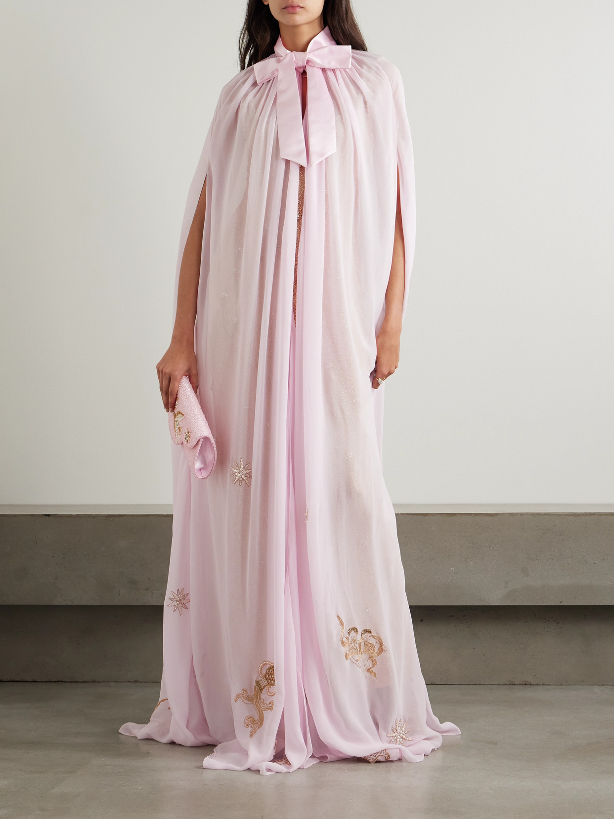Clio Peppiatt Nova Satin-trimmed Embellished Georgette Cape In Pink