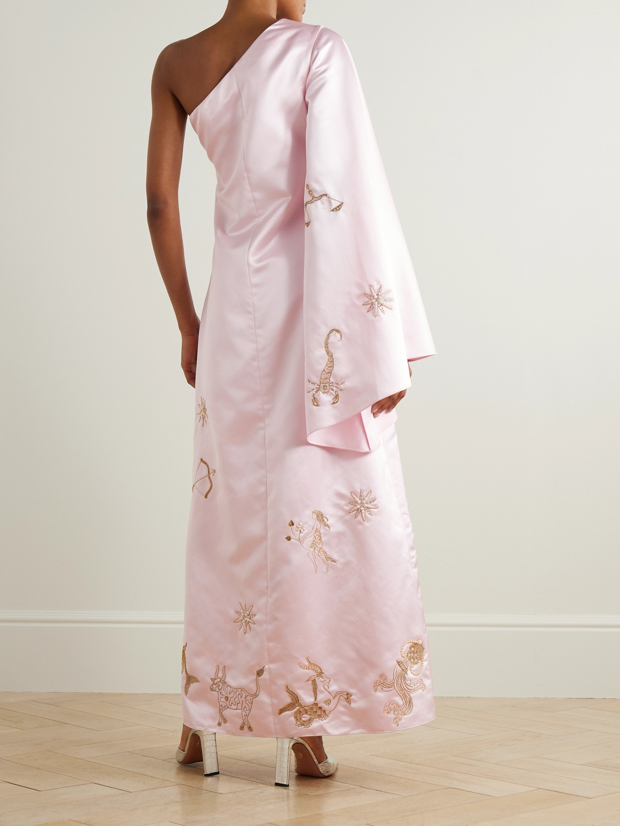 Clio Peppiatt Nova One-sleeve Embellished Duchesse-satin Gown In Pink