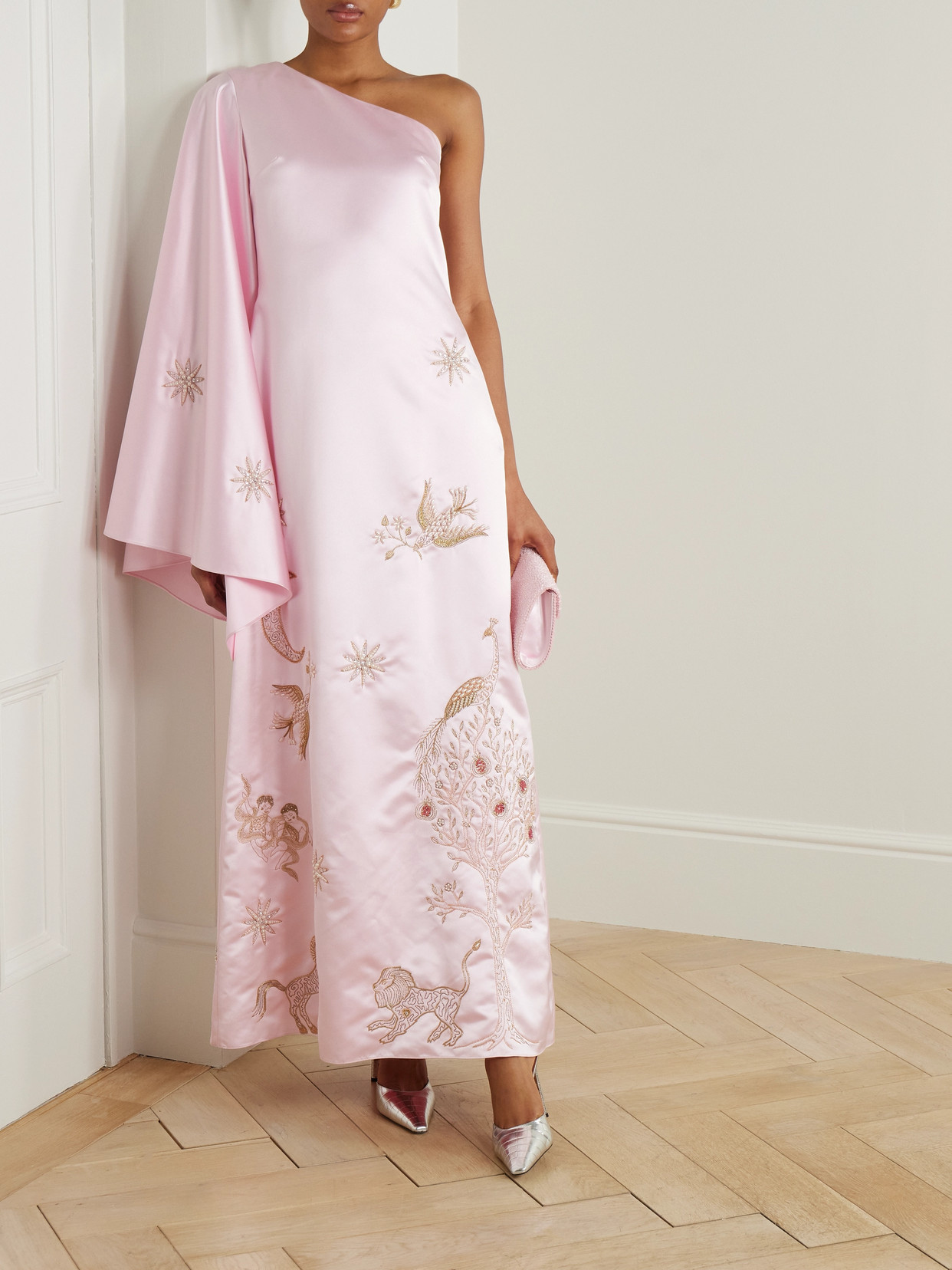 Clio Peppiatt Nova One-sleeve Embellished Duchesse-satin Gown In Pink