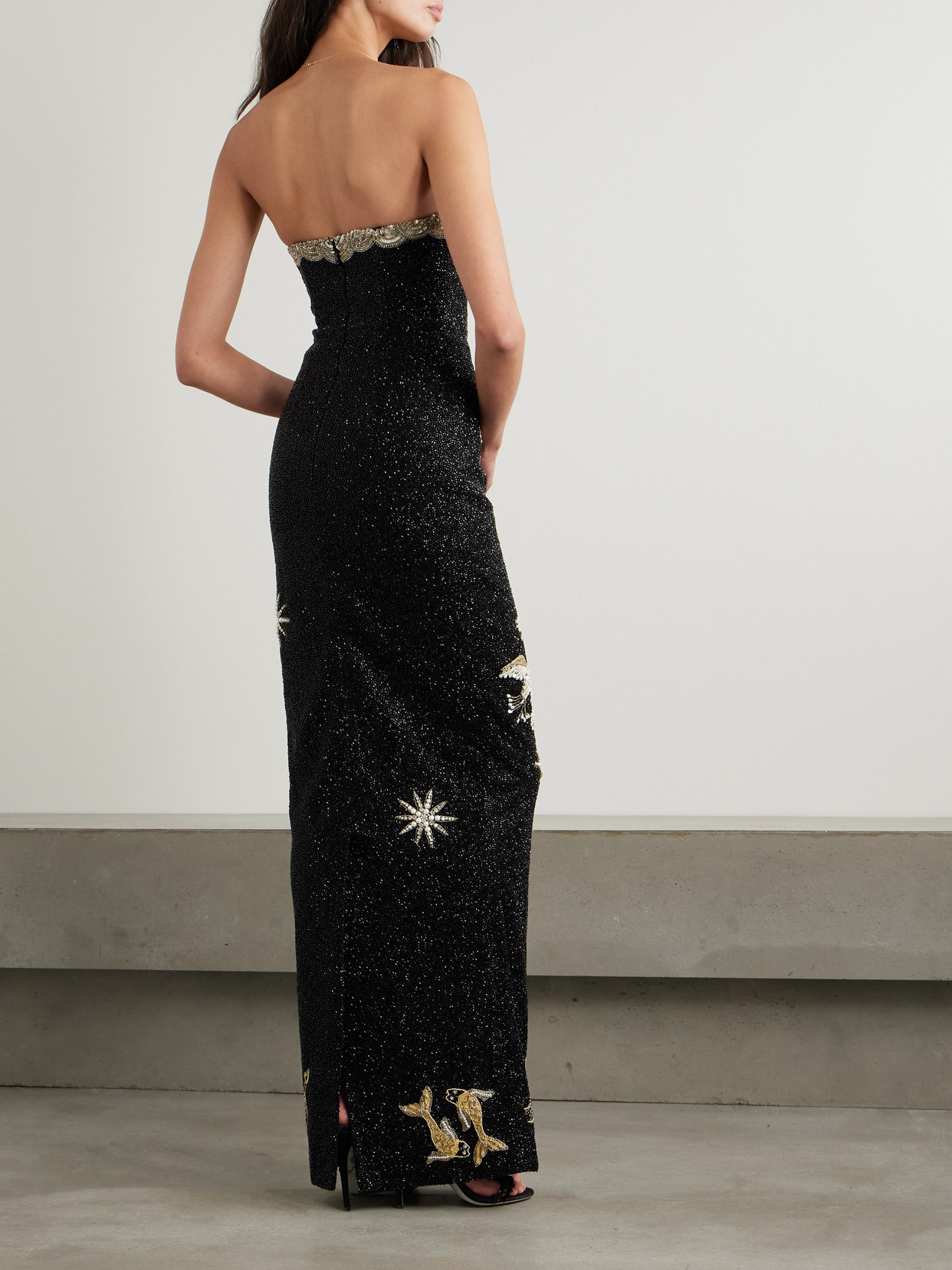Clio Peppiatt Seraphina Strapless Embroidered Beaded Stretch-satin Gown In Black