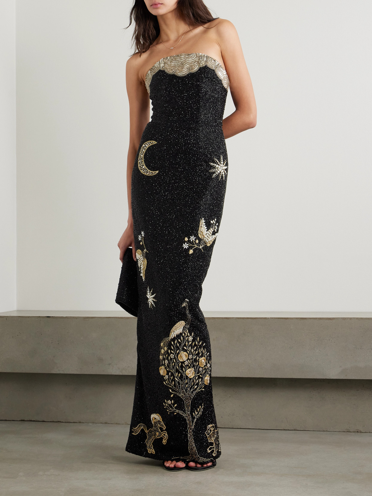 Clio Peppiatt Seraphina Strapless Embroidered Beaded Stretch-satin Gown In Black