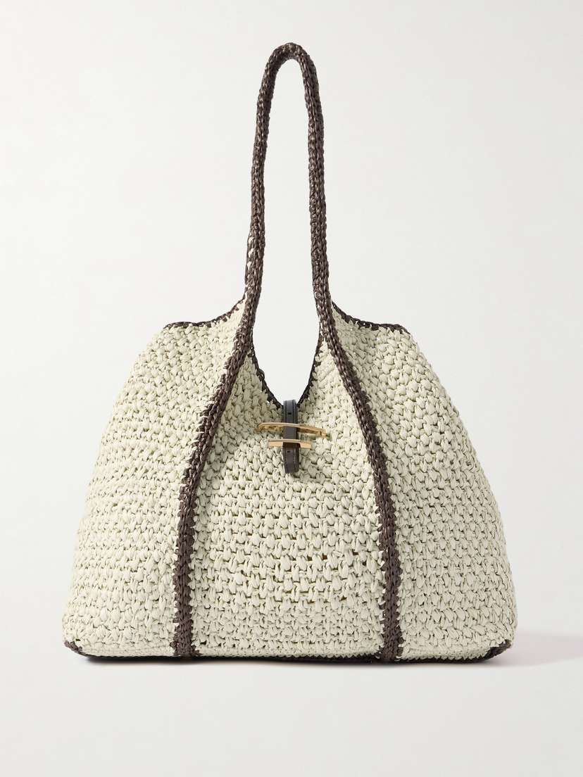 Tod's T Timeless Large Leather-trimmed Crocheted Raffia Tote